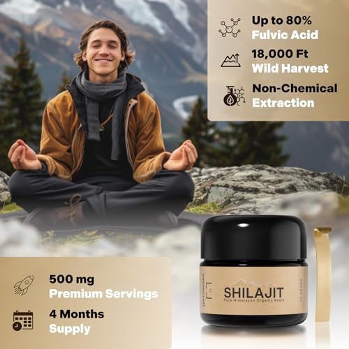 Essencraft organic shilajit resin supplement open container with gold measuring spoon.