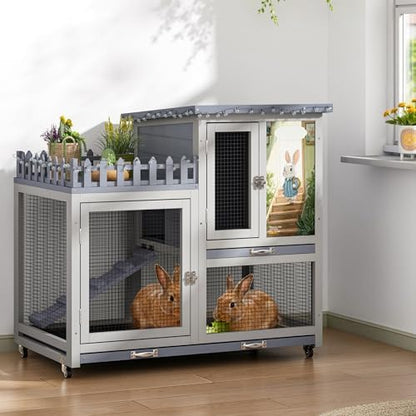 Wood Rabbit Hutch with Balcony - Small Animal House Bunny Cage on Wheels for Indoor Outdoor, Rabbit Cage Included Ramp, Pull Out Tray, (Grey with Pattern) - Image 2