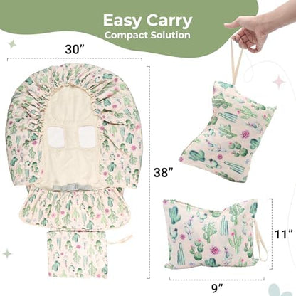 Cactus themed baby high chair cover protecting a child in a restaurant