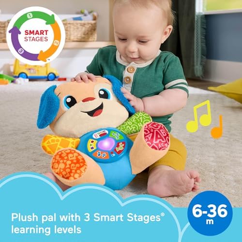 Fisher-Price musical baby toy plush dog displaying activation points on the tummy