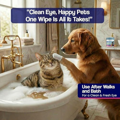 Routine pet eye grooming using fragrance free gentle eye wipes for dogs.