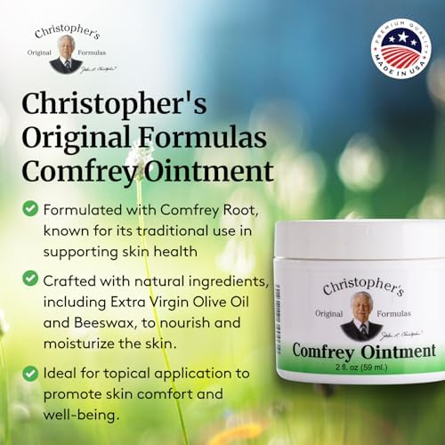 Topical herbal salve with comfrey leaf for skin rejuvenation and bruising relief.