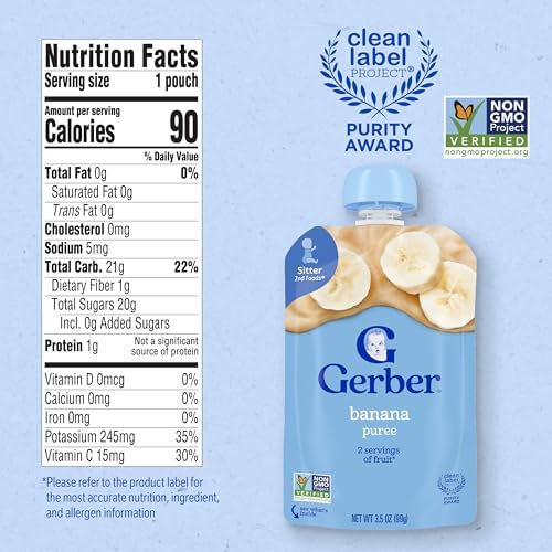 Close up of Gerber banana baby food pouch nutritional facts