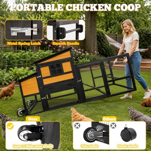 Portable Chicken Coop Poultry Cage with Wheels, Wooden Chicken Coop for 4-8 Chickens, Nesting Box, Pull-Out Tray, Ventilated Windows, Asphalt Weatherproof Roof, 83.3" L x 31.1" W x 41.6" H, Yellow - Image 3