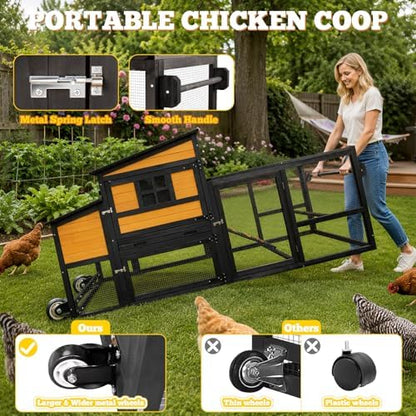 Portable Chicken Coop Poultry Cage with Wheels, Wooden Chicken Coop for 4-8 Chickens, Nesting Box, Pull-Out Tray, Ventilated Windows, Asphalt Weatherproof Roof, 83.3" L x 31.1" W x 41.6" H, Yellow - Image 3