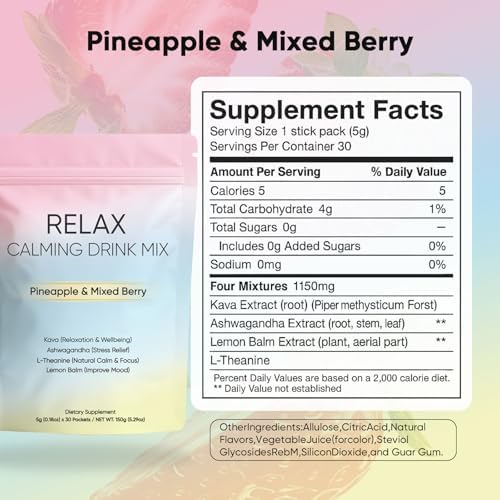 KXVUDE relax calming drink mixed berry and pineapple flavor powder texture detail.