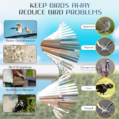 Reflective bird scare device mounted on a garden tree