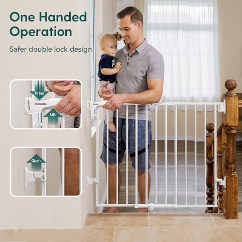 Babelio hardware-mounted baby gate shown securing the top of a modern wooden staircase.