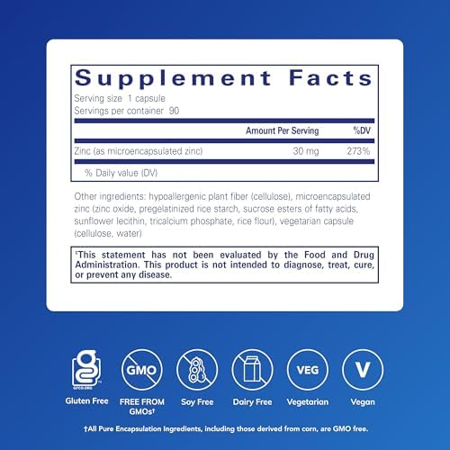 Pure Encapsulations microencapsulated zinc mineral support supplement bottle label details