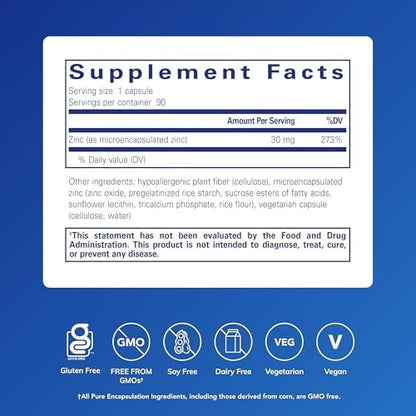 Pure Encapsulations microencapsulated zinc mineral support supplement bottle label details