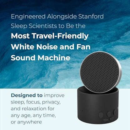 LectroFan Micro2 Bluetooth speaker for travel illustrating its pocket-sized portability.