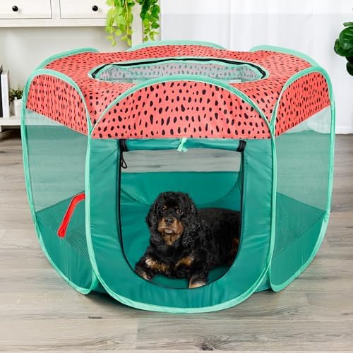Furhaven Portable Dog Playpen Cat Tent, Pet Playground,Kennel Foldable Indoor Outdoor Zippered Puppy Crate - Green & Pink, Medium - Image 3