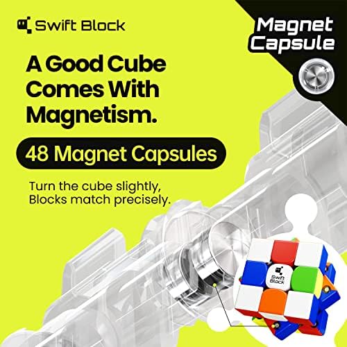 Swift Block magic cube showing the forty eight visible transparent magnetic capsules inside the mechanism.