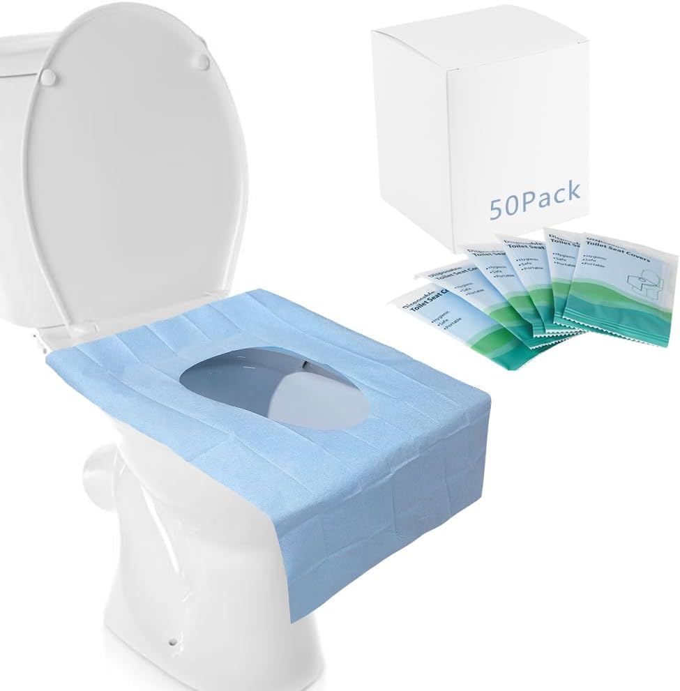 Kalkehay disposable toilet seat cover front view showing extra large full coverage shield on public commode.