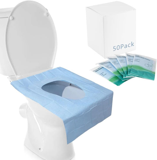Kalkehay disposable toilet seat cover front view showing extra large full coverage shield on public commode.