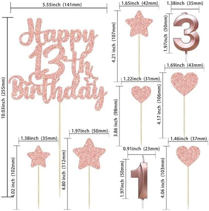 Gyufise 15Pcs Happy 13th Birthday Cake Topper Set with Heart Star Glitter Cheers to 13 Years Cake Picks Number 13 Candles Cake Decorations for Happy 13th Birthday Anniversary Party Supplies Rose Gold - Image 3