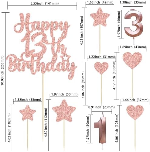 Gyufise 15Pcs Happy 13th Birthday Cake Topper Set with Heart Star Glitter Cheers to 13 Years Cake Picks Number 13 Candles Cake Decorations for Happy 13th Birthday Anniversary Party Supplies Rose Gold - Image 3