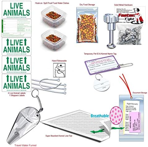 DryFur pet carrier accessories including metal nut bolts and clear spill proof feeding dishes