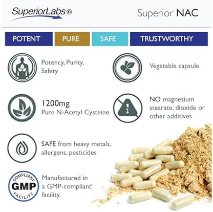 Authentic USA imported Superior Labs supplement bottle highlighting the GMP compliant and FDA registered facility seals.