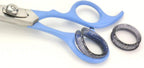Side view of the blue right handed pet scissors highlighting the adjustable tension control screw.