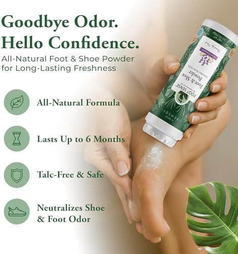 Talc-free foot odor eliminator powder bottle with lavender and lemon ingredients