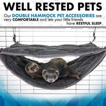 Small pets resting inside blue double bunk pet hammock