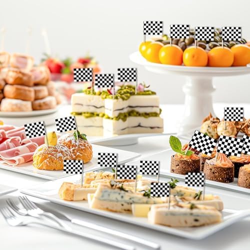 Close up of black and white racing flag cupcake topper