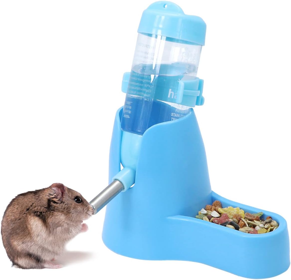 3 in 1 Hamster Hanging Water Bottle Pet Auto Dispenser with Base for Dwarf Hamster Mouse Rat Hedgehog (80ML, Blue) - Image 2