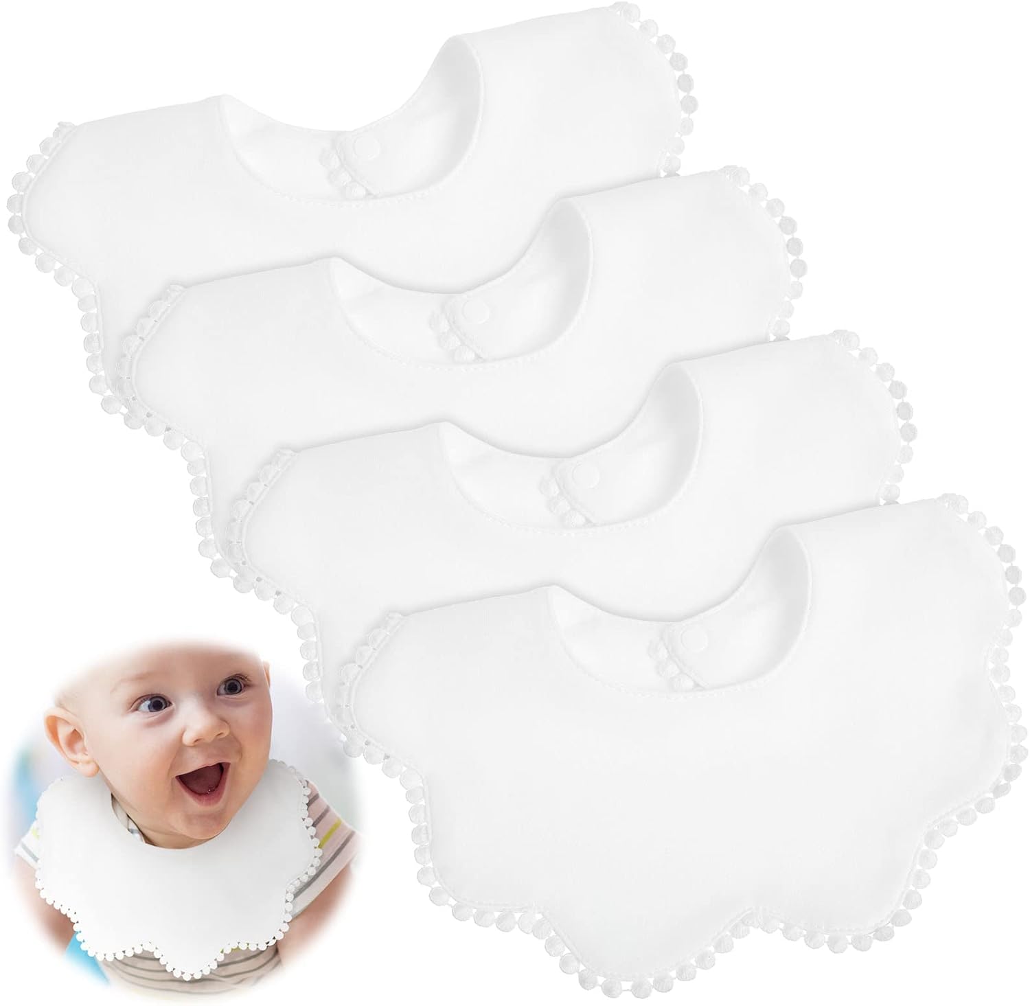 JenPen 4 piece white muslin 360 degree baby bib set front view