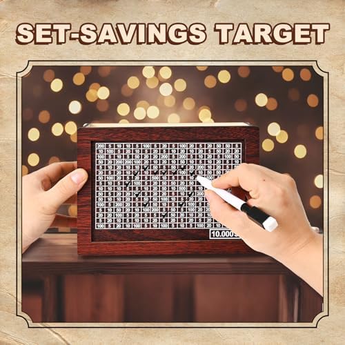 Krlladetiy reusable wooden coin box showing wide top slot with folded cash notes being inserted