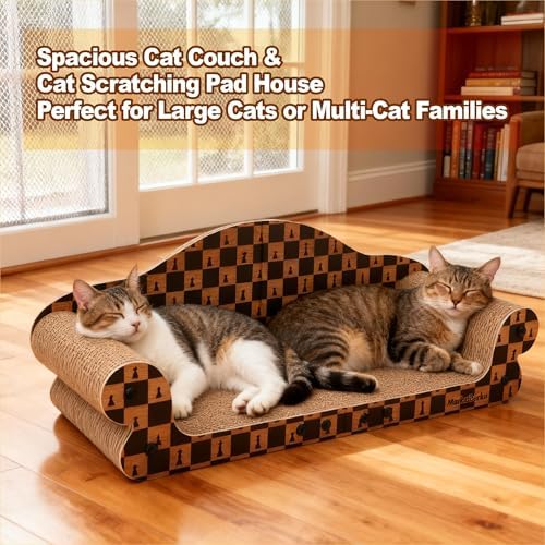 Side angle view of the chess inspired checkerboard pattern cat sofa with curved armrests.