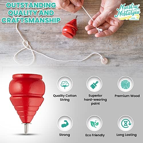 Handcrafted wooden spinning tops stored in eco-friendly jute bag