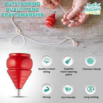 Handcrafted wooden spinning tops stored in eco-friendly jute bag
