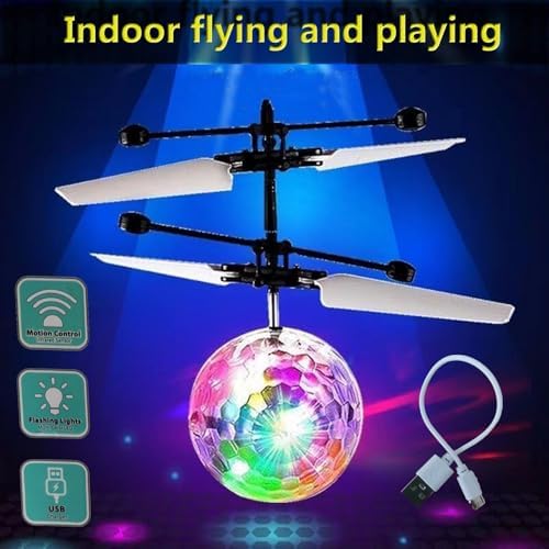 Infrared sensor aircraft toy displaying vibrant multicolored glowing lights in a dim room.