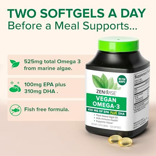 Zenwise Health Vegan Omega 3 softgels spilling out next to bottle