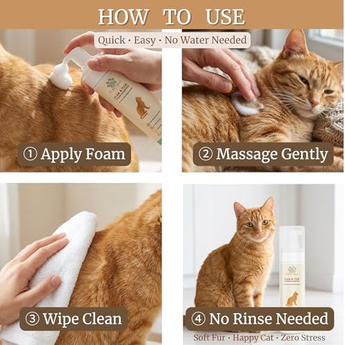 Authentic USA imported Fav Paws cat foam shampoo being applied to a cat coat