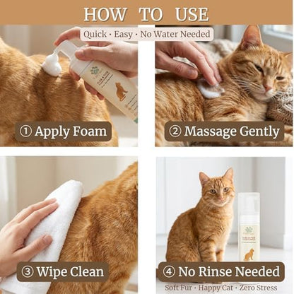 Authentic USA imported Fav Paws cat foam shampoo being applied to a cat coat