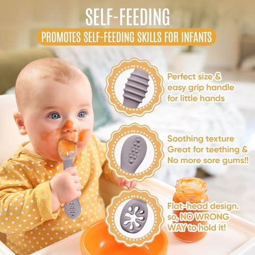 Close up of soft tipped silicone baby fork and spoon