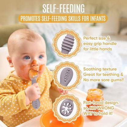 Close up of soft tipped silicone baby fork and spoon