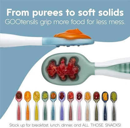 Close up view of the open channel spoon design for thicker baby purees.