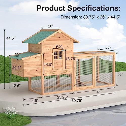 Outdoor Chicken Coop for 2-4 Chickens Wooden Hen House Poultry Pet Hutch Run Cage w/Waterproof Asphalt Roof, Ramp, Nesting Box, Wire Fence (80") - Image 7