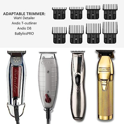 Close up view of the retractable metal spring mechanism on the back of the black professional trimmer guides