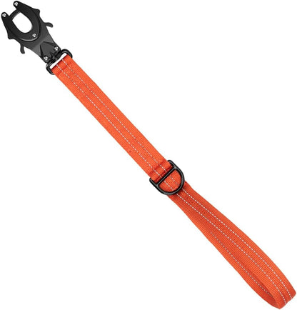 Brown eighteen inch tactical dog leash laid flat illustrating its compact size and rugged construction.