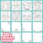 Squishmallows spiral drawing pad open to reveal pre-printed coloring illustrations and blank framed pages.