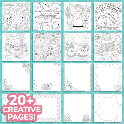 Squishmallows spiral drawing pad open to reveal pre-printed coloring illustrations and blank framed pages.