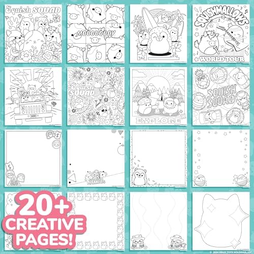Squishmallows spiral drawing pad open to reveal pre-printed coloring illustrations and blank framed pages.