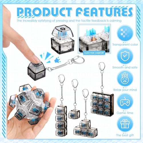 Adult holding the compact single key keyboard fidget keychain for portable stress relief