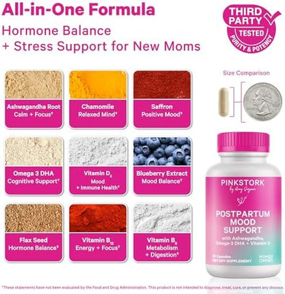 Pink Stork Postpartum Mood Support bottle ingredients label