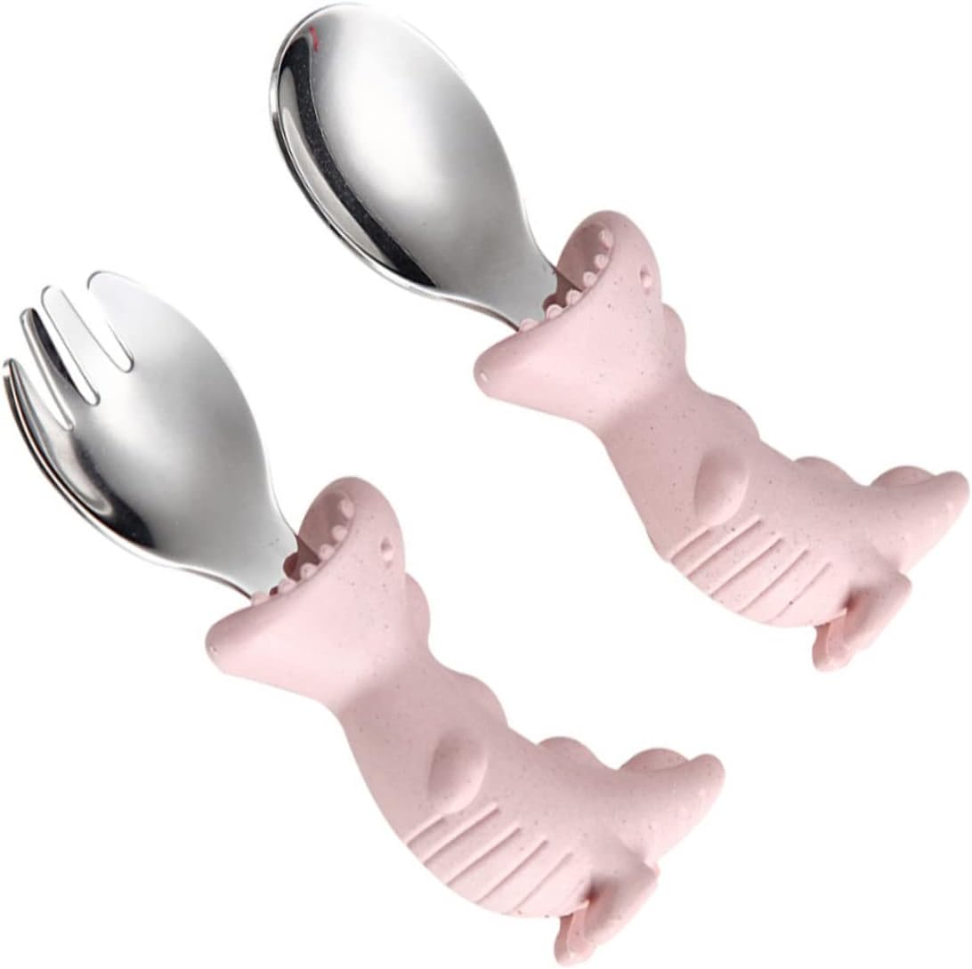 YARNOW stainless steel dinosaur fork spoon set front view kids feeding utensils