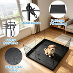 Foldable lightweight mesh and fabric puppy playpen roof protector unfolded for installation.